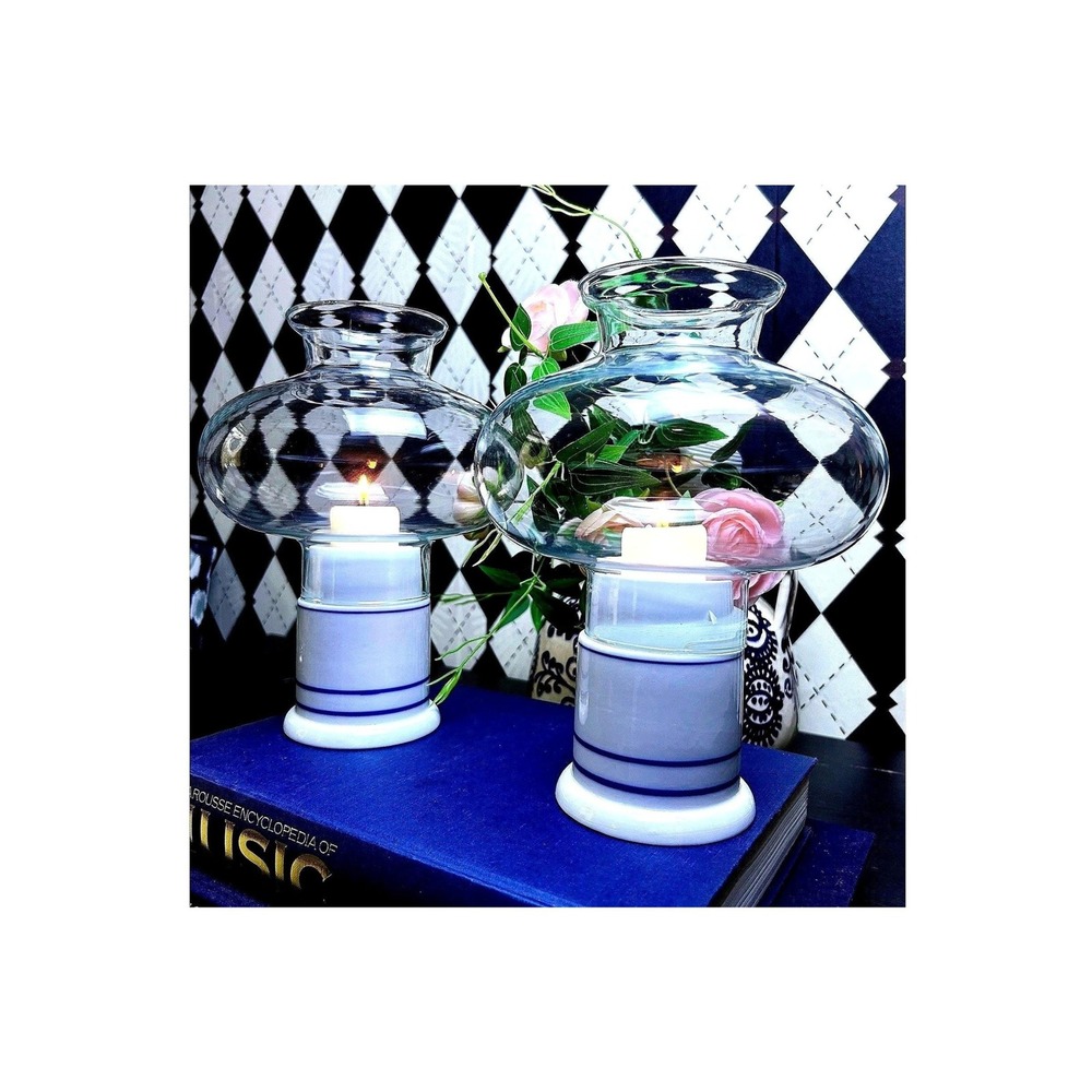 Large Vintage‎ Hurricane Candleholder Lamp 10" Dansk Pair Blue White Coastal